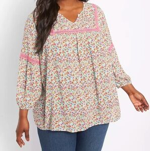 Lane Bryant Classic Splut-neck Peasant Floral Top Blouse